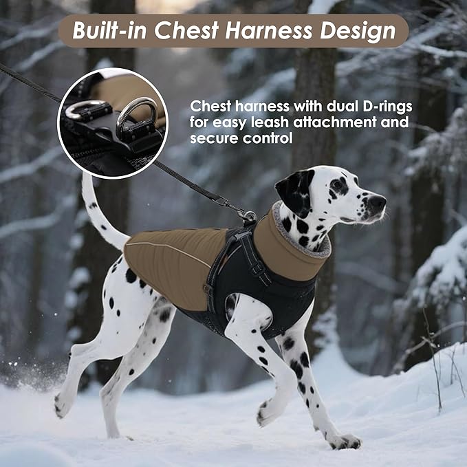 ASENKU Reflective Dog Coat with Built-in Harness, Windproof Fleece-Lined Dog Jacket for Small, Medium, Large Dogs, Warm Winter Vest with Turtleneck & Zipper (Khaki XL)