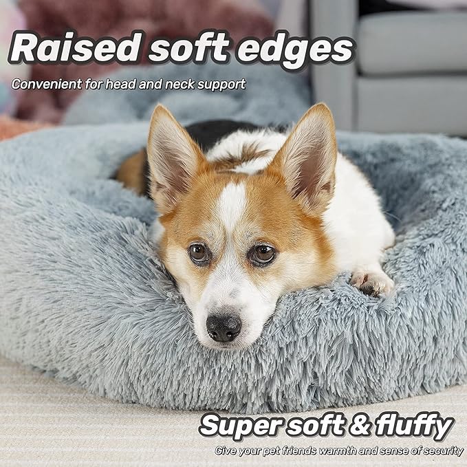 Anti Anxiety Round Fluffy Plush Faux Fur Warm Washable Dog Bed & Cat Bed, Original Bed for Small Medium Large Pets,Used to Relieve Joints and Improve Sleep(20"/24"/27'') (20", Light Grey)