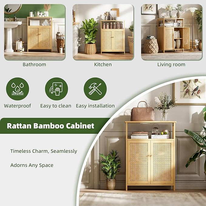 Bathroom Floor Stand Cabinet, Bamboo Storage Organizer Table with 2 Rattan Doors and 1 Shelf, Wooden Side Cupboard for Hallway, Laundry, Kitchen, Living Room (Natural)