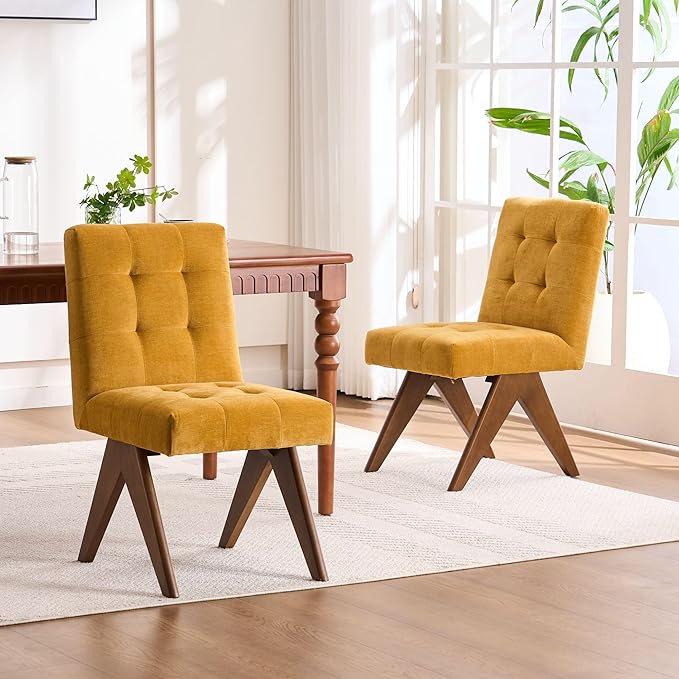 Rowill Modern Upholstered Dining Chairs Parsons Chair Linen Fabric Kitchen Chairs Tufted Armless Dining Room Chairs with Wood Legs Set of 4, Yellow