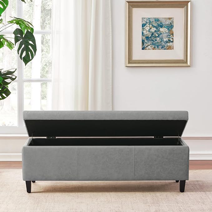 HUIMO Faux Leather Storage Ottoman Bench 50.3 Inch Extra Long PU Upholstered Bedroom Bench with Large Storage Space for The Living Room, Entryway, Bedroom Hold Up to 300lbs (Grey)