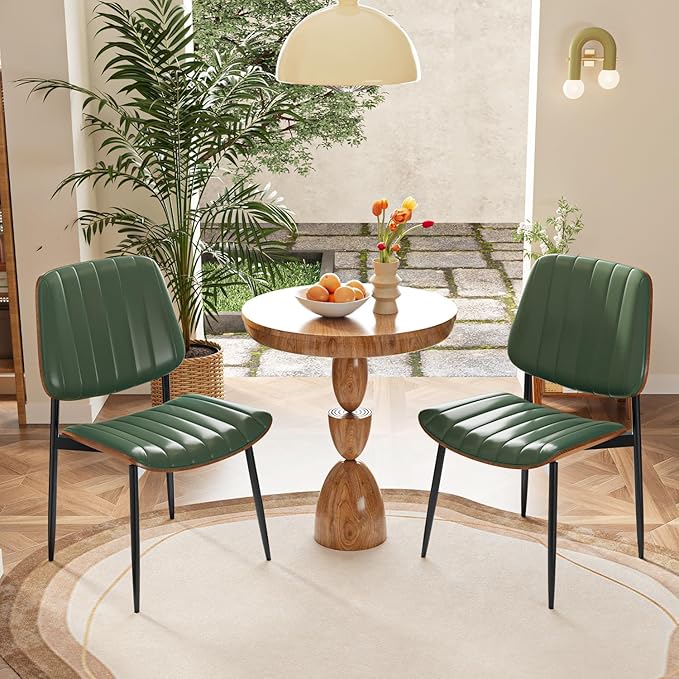 Modern Green Leather Dining Chair Set of 2, Bentwood Backrest & Black Metal Frame Ergonomic Comfort, Sustainable Style, Multi-Space Versatile, Green