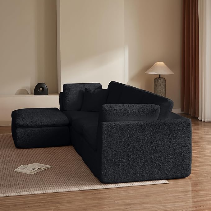 Cilee 110" Modular Sectional Sofa, Cloud Couch with Deep Seat, L-Shape Boneless Sofa, 3 Seat Memory Foam Sofa, No Assembly Required, Upholstered Couch for Living Room, Movable Ottoman, Chenille, Black