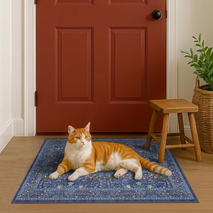 Navy Blue Washable 2x3 Entry Rug - Small Front Door Mats Indoor, Non-Slip Boho Bathroom Rugs, Vintage Dark Decor for Kitchen, Entryway