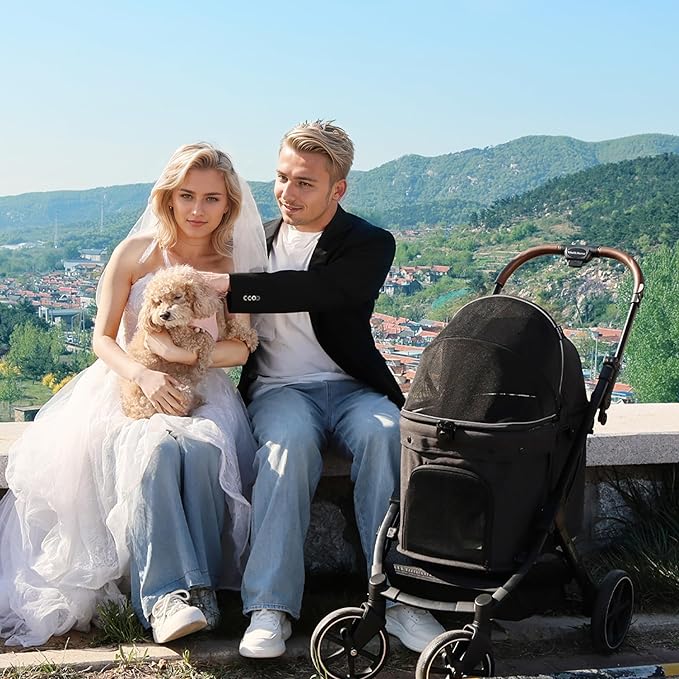 pet Stroller, Suitable for Small and Medium-Sized Dogs, Advanced Four-Wheel Suspension, Detachable Handbag, Lightweight Aluminum Frame, one Click Folding, Suitable for Outdoor Travel - Black
