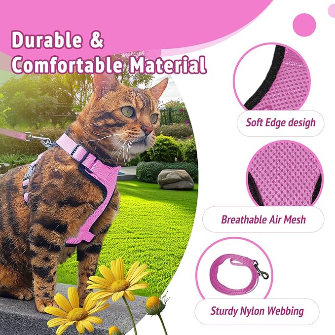 Cat Harness and Leash Set,Escape Proof Adjustable Cat Harness,Soft and Breathable Kitten Harness and Leash with Reflective Strips for Walking and Traveling (Pink, X-Small(3.3-8.9lb))
