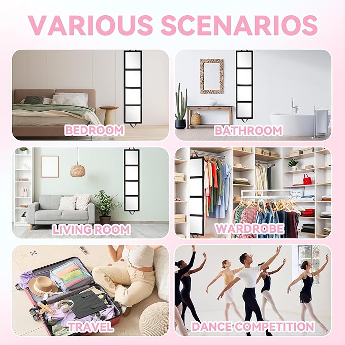 ROYALAY Foldable Full Length Mirror with Handle, 47 * 13in Four-fold Portable Mirror for Travel Makeup Dancing and Fitting Clothes, Black