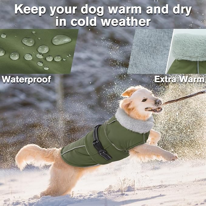 Lelepet Warm Dog Coat Reflective Fleece Vest Waterproof Dog Jacket with Adjustable Buckle Hook & Loop Windproof Cold Weather Coats for Small Medium Large Dogs, Army Green, XXXL