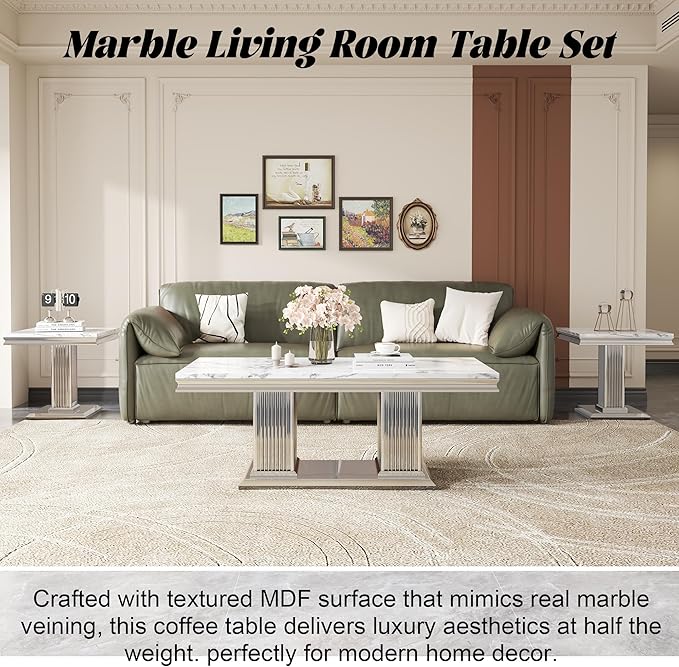 47" Marble Console Table, Modern Entryway Table with Pillar Stainless Steel Base, Rectangle Faux Marble Sofa Table for Living Room, Hallway, Foyer, White Silver