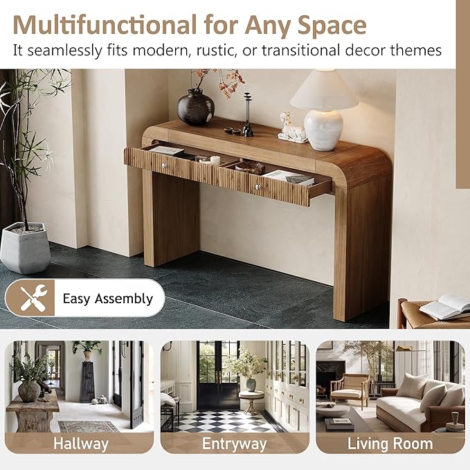 Merax Rustic Console Table with Fluted Drawer Front, Entryway Table with Curved Corners & Thick Legs, Sturdy Sofa Table for Hallway & Living Room, Natural