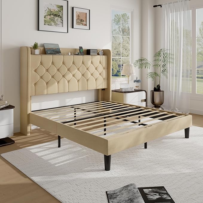 SHA CERLIN Full Size Platform Bed Frame with Charging Station, Velvet Wingback Headboard with Storage Shelf, Wooden Slats Support, Ample Under-Bed Space, No Box Spring Needed, Easy Assembly, Beige