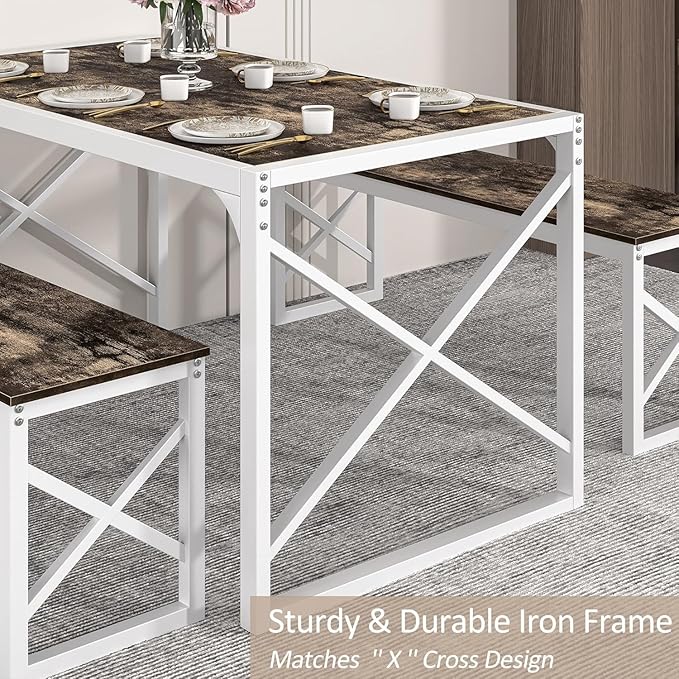 VECELO Kitchen Dining Table Benches Set for 4, 55" Wooden Dinette with 2 Benches, Heavy-Duty Dining Room Table for Small Space, Breakfast Nook, Dark Brown