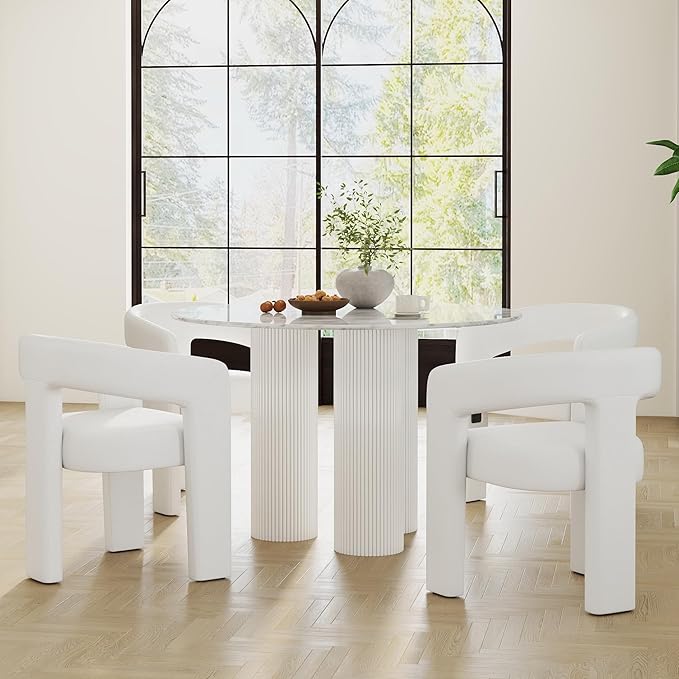 Modern Barrel Dining Chairs Set of 5, PU Leather Upholstered Accent Side Chair with Arms Comfy Makeup Vanity Chairs, Dining Living Room Kitchen Chairs, White