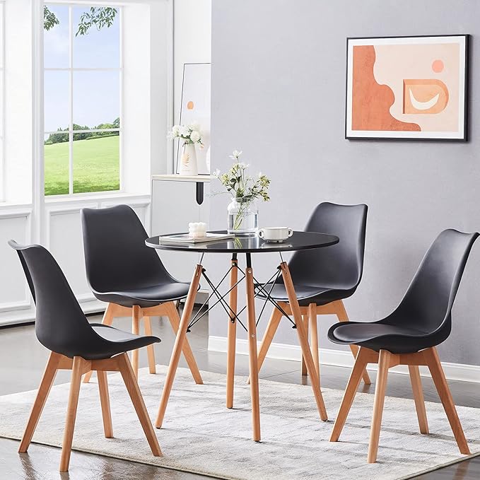31.5 Inch Small Round Dining Table for 4 People Kitchen Home Modern Leisure Wood Legs Table Black