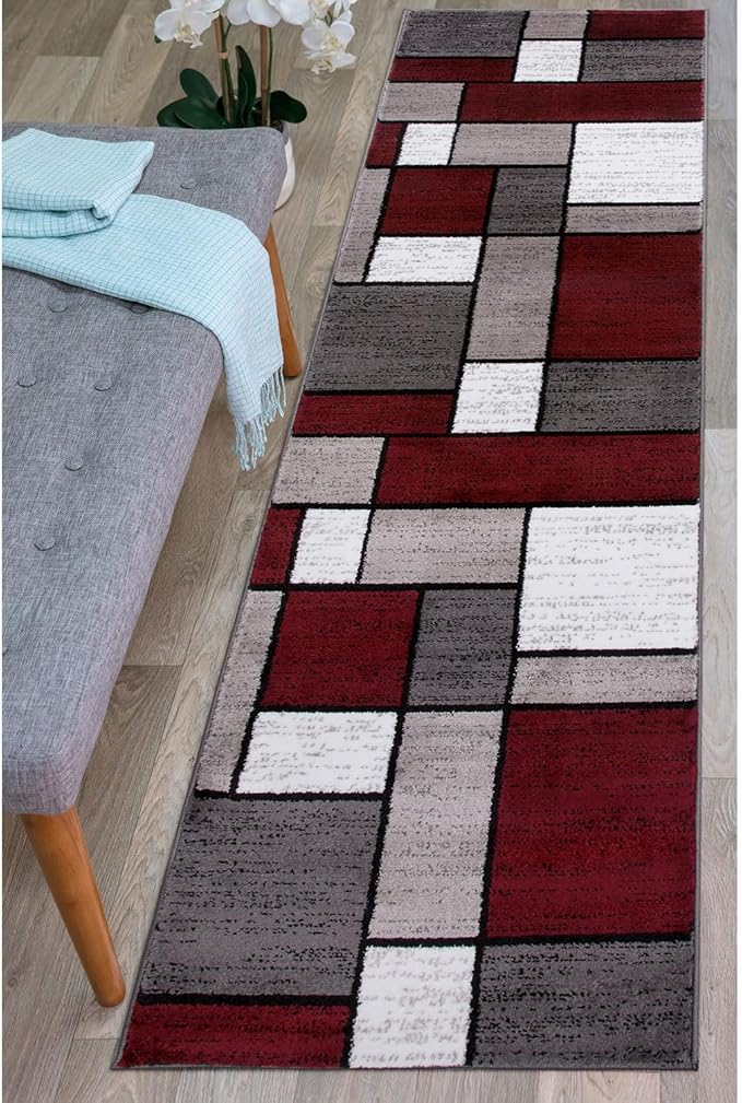 Rugshop Modern Geometric Boxes Red Area Rug, Carpet with Jute Backing for Hallway, Entryway, or Laundry Room, 2' x 7'2"