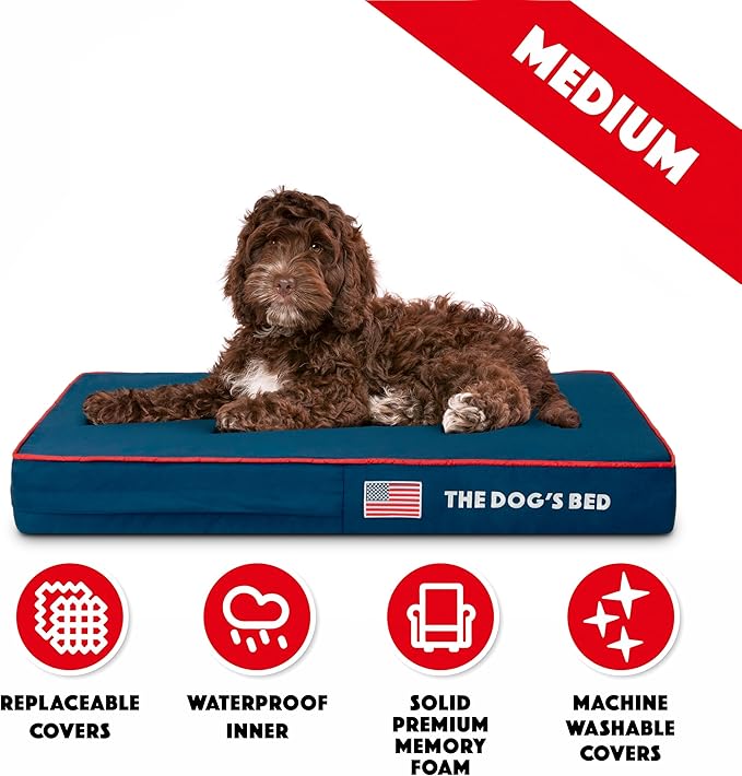 The Dog’s Bed Orthopedic Memory Foam Dog Bed, Medium Blue Oxford with Red Trim USA Flag 34x22, Pain Relief for Arthritis, Hip & Elbow Dysplasia, Post Surgery, Supportive, Calming, Waterproof Washable