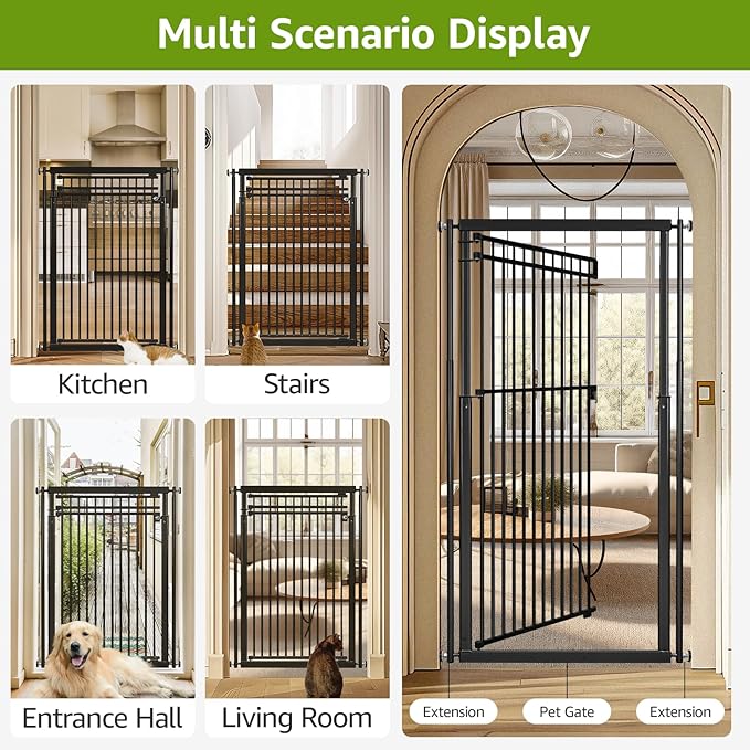 78.8" Extra Tall Cat Gate, 28.3-33" Wide Safety Metal Cat Door, Pressure Mounted Easy Walk Through Pet Gate with Door for Stairs, Doorways (Black)