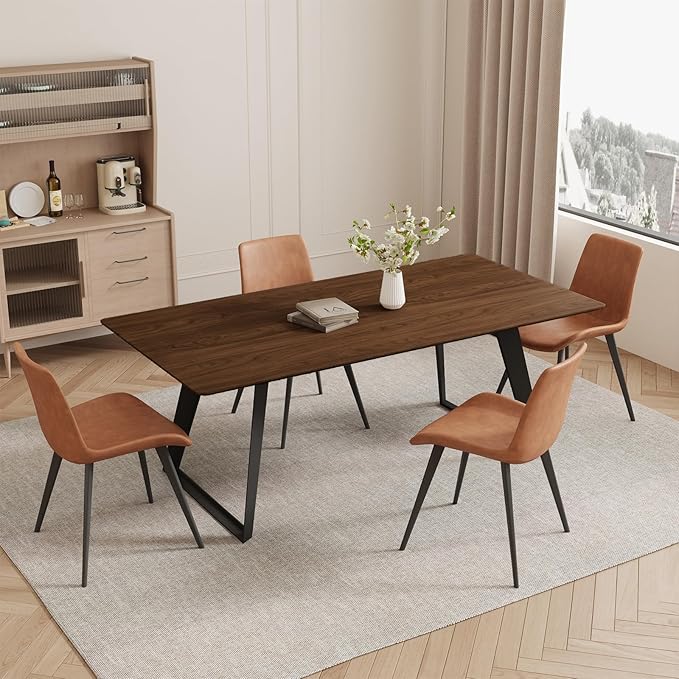ZckyCine 63"-79" Extendable Dining Table Set for 6, Modern Walnut Color Table with 6 Brown Chairs, Retractable Wood Table and Chair Set for Kitchen and Dining Room