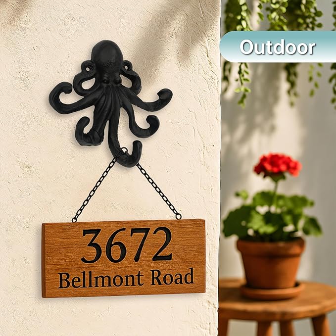 Octopus Cast Iron Wall Hook – Nautical Decorative Key Holder, Coastal Ocean Theme Wall Hanger for Entryway, Bathroom, or Bedroom, Heavy Duty Black Metal Hook