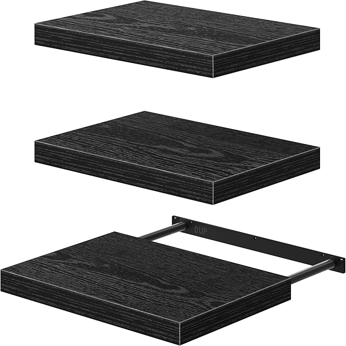 QEEIG 10" Deep Floating Shelves for Wall - 10 x 16 inch Book Shelf Bathroom Bedroom Kitchen Living Room Hanging Bookshelf Farmhouse Set of 3, Black (025-40B3)