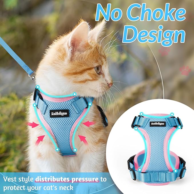 rabbitgoo Cat Harness and Leash for Walking, Escape Proof Soft Adjustable Vest Harnesses for Cats, Easy Control Breathable Reflective Strips Jacket, Light Blue&Pink, S