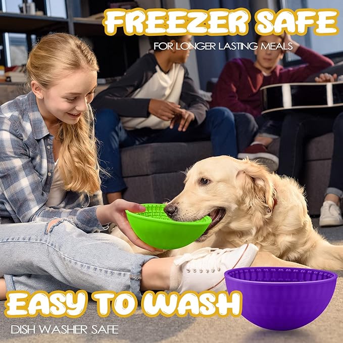 Patelai 2 Pcs Dog Enrichment Lick Bowls Silicone Freeze Bowls Interactive Cat Licking Mats Slow Feeders for Pet Oral Health Boredom Anxiety Relief, Wobble or Stay Put(Green, Purple,Bone)