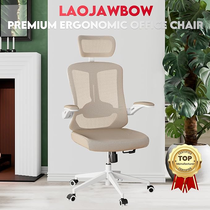 Ergonomic Office Chair - 400LB Comfy Desk Chairs with Adjustable Headrest and Lumbar Back Support, Mesh Computer Chairs with Wheels and Arms for Home Office, Study, Bedroom and Dorm (04khaki)