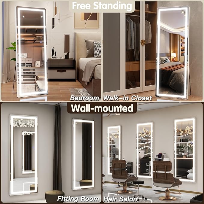 FENNIO Full Length Mirror with Lights, 57" x 17" LED Full Body, Free Standing Lighted Floor Mirror, Wall Mounted Hanging Mirror with Lights for Bedroom, Dimmable & 3 Color Lighting, White