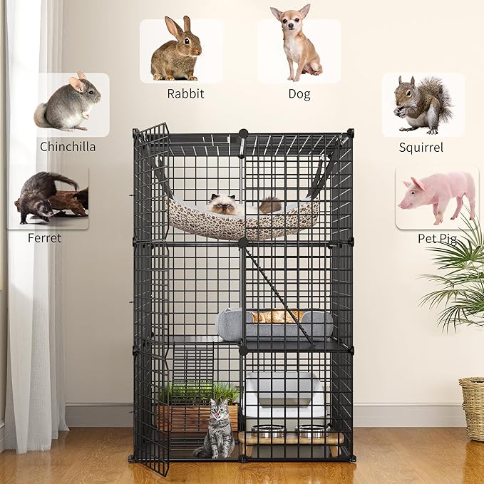 YITAHOME Metal Cat Cage Indoor: 3-Tiers DIY Kitten Enclosures Playpen Catio Kennels Pet Crate with Extra Large Hammock for Small Animals (Black)