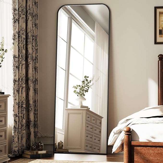 Full Length Mirror 65"x24" Arched Floor Standing Large Mirrors Full Body Mirror with Stand - with Aluminum Frame for Bedroom Living Room, Black