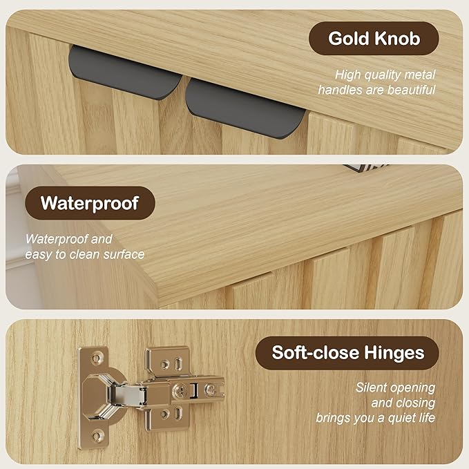 Fluted Cabinet with Storage, Buffet Cabinet Sideborad with Door, Kitchen Buffet Storage Accent Cabinets with Adjustable Shelves for Living Room, Entry, Hallway, Natural