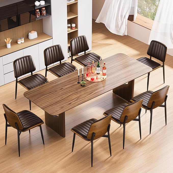 Dining Chairs Set of 6, Mid Century Modern Dining Room Kitchen Chairs, Upholstered PU Leather Vertical Stripe Chairs for Vanity with Walnut Bentwood and Metal Legs, Brown