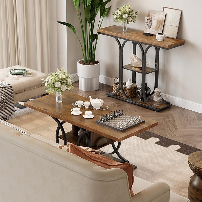 GiftGo Narrow Console Table for Entryway Industrial Sofa Table Behind Couch Ellipse Frame Rustic Wooden Accent Tables with Storage Shelves for Living Room, Hallway, Foyer (Brown)