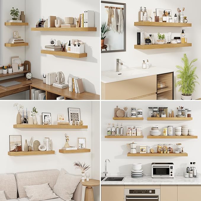 fuqing Floating Shelves for Wall, Wall Mounted Wood Floating Shelf with Invisible Brackets for Living Room, Bathroom, Bedroom, Kitchen Storage and Decor, 24 Inch Set of 2, Oak