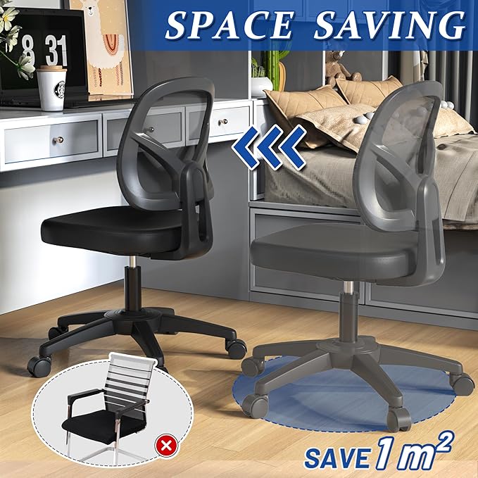 No Arms Small Office Computer Mesh Chair with Swivel Wheels Height Adjustable for Child and Adult