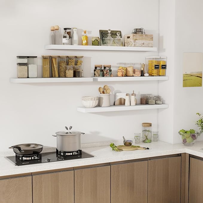 Fun Memories 48 Inch Floating Shelves for Wall 8 Inch Deep White Shelves Set of 2, Wall Mounted Rustic Wood Long Floating Shelf, Large Display & Storage Shelf with Invisible Brackets