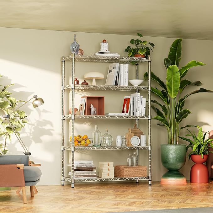 IZEUK 1750LBS Garage Shelving Wide Storage Shelves 5 Tier Metal Shelves Heavy Duty Adjustable Utility Shelf Rack (Chrome, 5 Tier, 15.7" D x 45.3" W x 70.9" H)