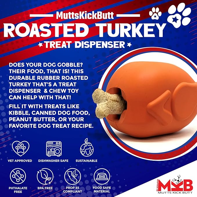 SodaPup MuttsKickButt Roasted Turkey – Durable Dog Treat Dispenser & Chew Toy Made in USA from Non-Toxic, Pet Safe, Food Safe Natural Rubber for Mental Stimulation, Problem Chewing, Calming & More