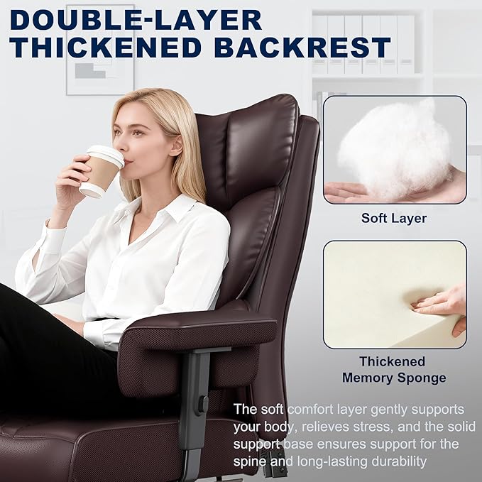 Misolant Big and Tall Office Chair with Footrest, High Back Executive Desk Chair with Adjustable Lift Armrest, 155°Recline,Lumbar Support Pillow, Faux Leather Gaming Chairs for Home or Office Brown