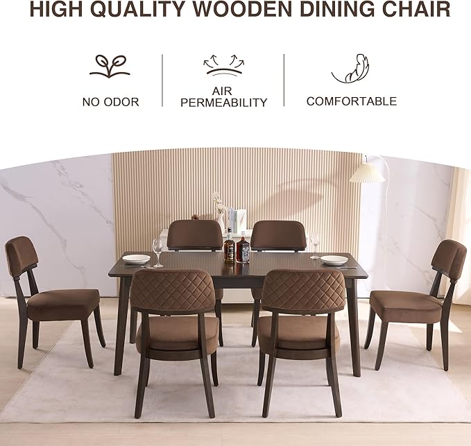 Modern Wood Dining Chairs Set of 2, Velvet Upholstered Kitchen Chairs with Open Curved Backrest & Black Hardwood Legs for Vanity, Living Room, 350 LBS Capacity, Brown