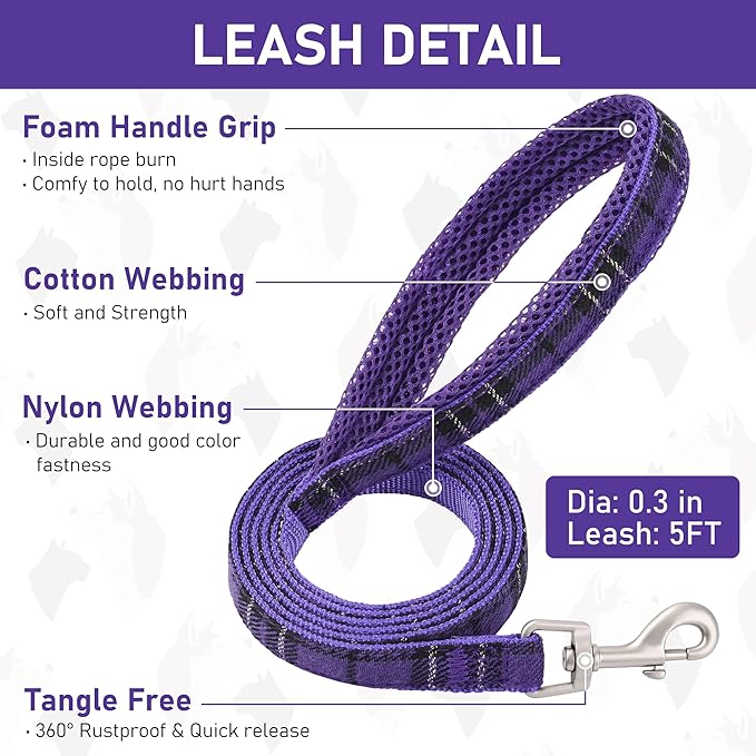 GAMUDA Small Dog Harness Collar and Leash Set, Step in No Chock No Pull Soft Mesh Adjustable Dog Vest Harnesses Plaid Reflective for Dogs Puppy Cats Kitten Rabbit (Purple, L)