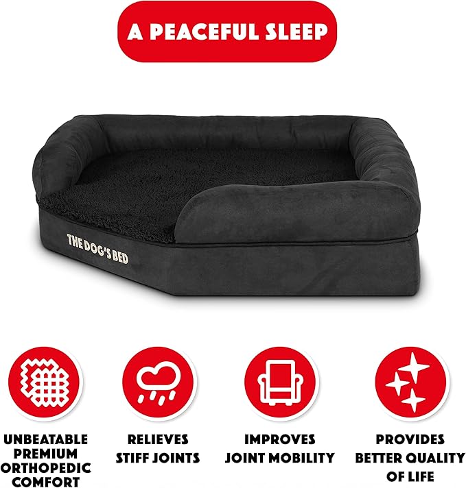 The Dog’s Bed Medium Support Memory Foam Waterproof Corner Dog Bed, Large, Black Plush, Eases Pet Arthritis & Hip Dysplasia Pain, Therapeutic & Supportive, Washable Plush Fabric Cover