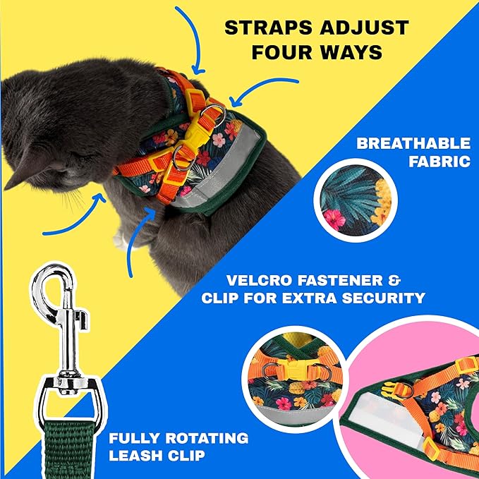 Travel Cat Harness and Leash Set - Adjustable Fit Mesh Cat Harness and Reflective Strap - Comfort Walking Vest for Kitten for Outdoor Walking, Hiking (Large, Hawaiian)