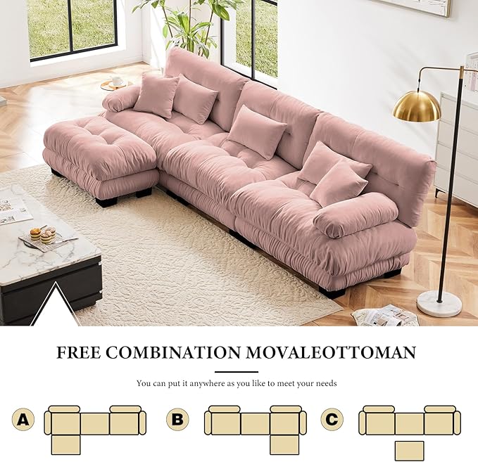 133.8" Oversized Couch, 3 Seater Modular Sectional Sofa, Pink Large L Shaped Sectional Fluffy Couch Set, Chenille Cloud Couch with Ottoman, Deep Seat Sofas for Living Room