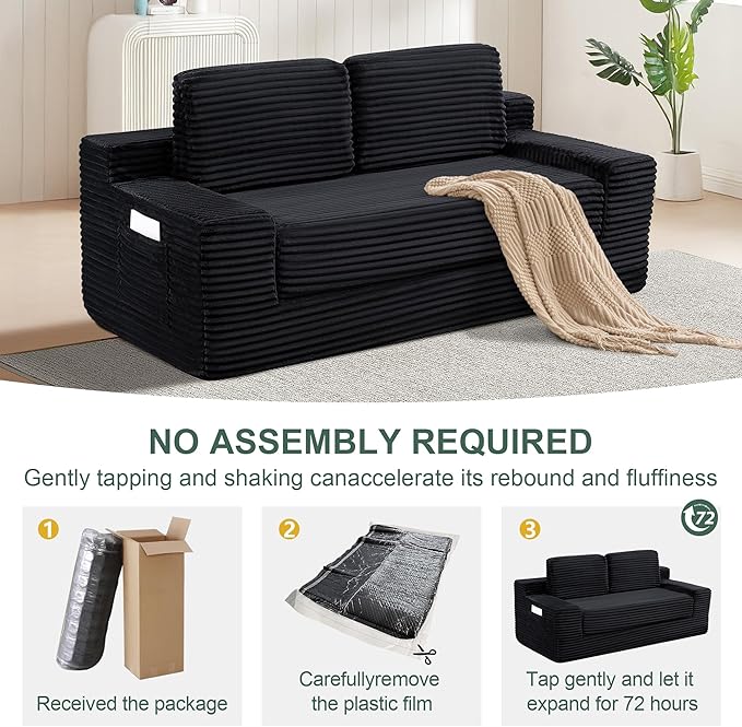 70" Cloud Loveseat Sofa Couch in a Box, 2 Seater Boneless Couch, Convertible Pull Out Sofa Bed with Pillows, No Assembly, Memory Foam, Modern Small Couches for Small Spaces (Black-Folding)