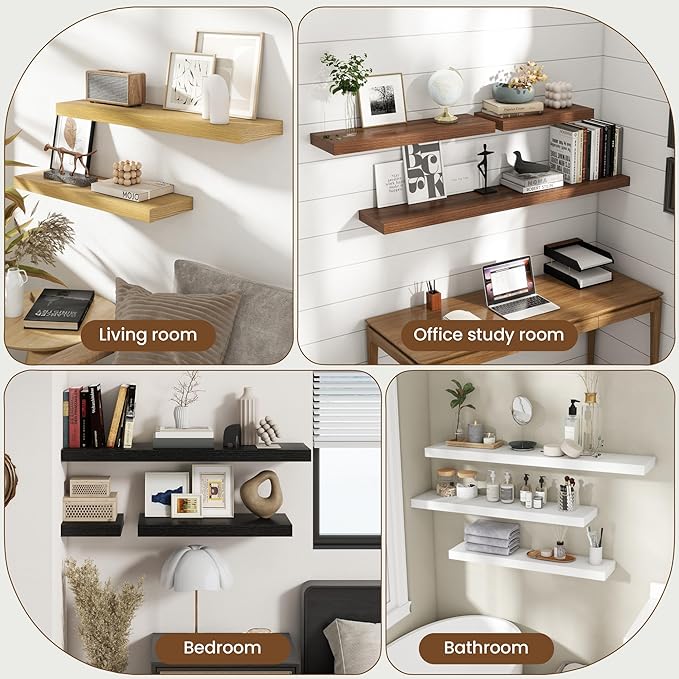 48 Inch Floating Shelves for Wall, 8 Inch Deep Floating Shelf for Storage & Display, Rustic Wall Mounted Shelf with Invisible Brackets for Living Room, Kitchen, Bathroom, Home Decor, Set of 2, Walnut