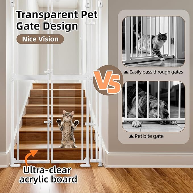 74" Extra Tall Cat Gate for Doorways, 33.86-37.40" Wide Cat Gate Indoor, Clear Dog Gate Acrylic Auto Close Door Gates for Pets No Drilling Pet Proof Safety Gate for Stairs House- White