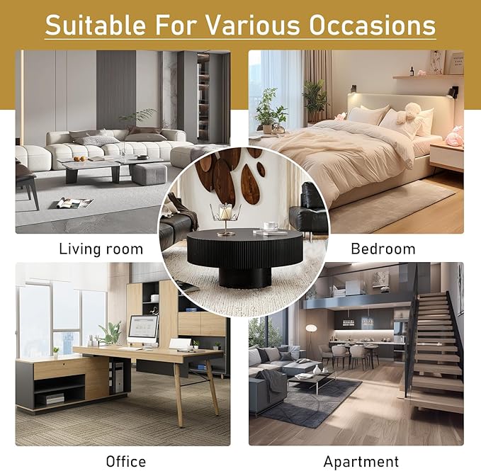 Round Drum Coffee Table 30.91" Handcrafted Fluted Drum Coffee Table Mid Century Accent Tables Modern Luxury Circle Center Table Vintage Farmhouse Center Table for Living Room (Black Thick)