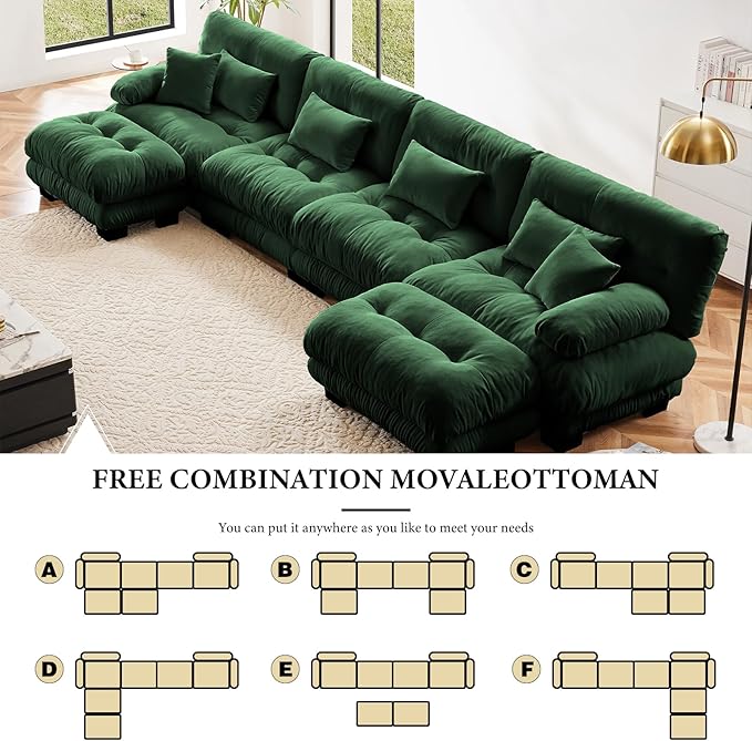 173.2" Oversized Couch, 4 Seater Modular Sectional Sofa, Green Large U Shaped Sectional Couches for Living Room, Fluffy Chenille Fabric Cloud Couch with Ottoman, Deep Seat Sofas