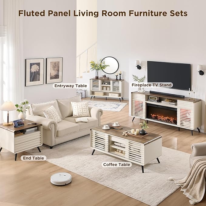 RedLemon 48" Lift top Coffee Table, mid Century Modern Coffee Table with Slatted Sliding Door, Hidden Storage Compartment, 4 Storage Shelves, Center Table for Living Room, Office, Antique White